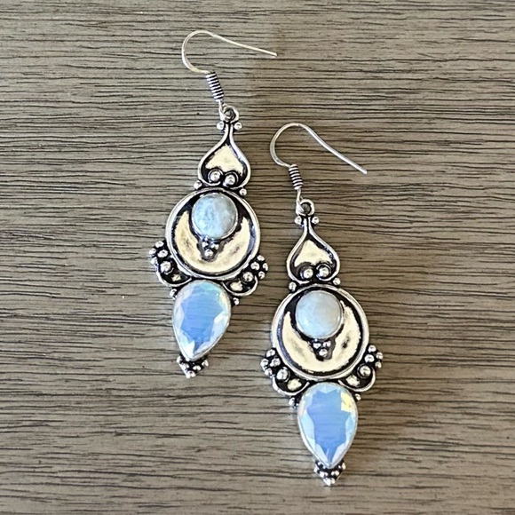 Butterfly Dsigns Jewelry - 0123 Opalite Rainbow Moonstone Artisan Drop Earrings Silver Gemstone Jewelry